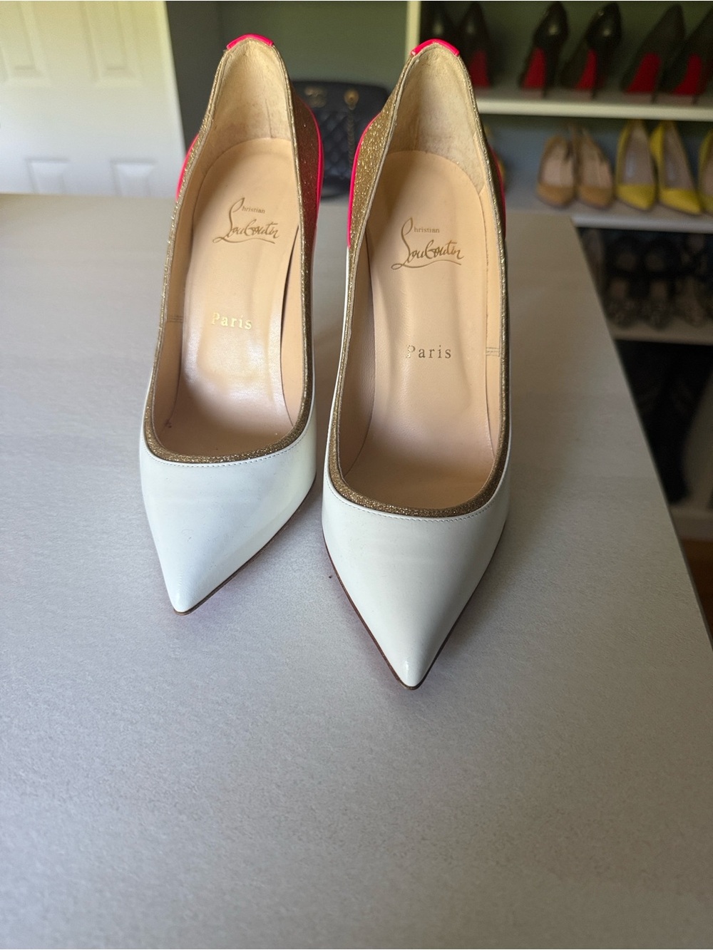 Christian Louboutin White Pumps with Gold Trim and Pink Heel